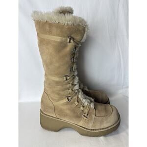 Y2K Report Icon Womens Lace-Up Chunky Platform Boots Faux Fur Suede Leather 10